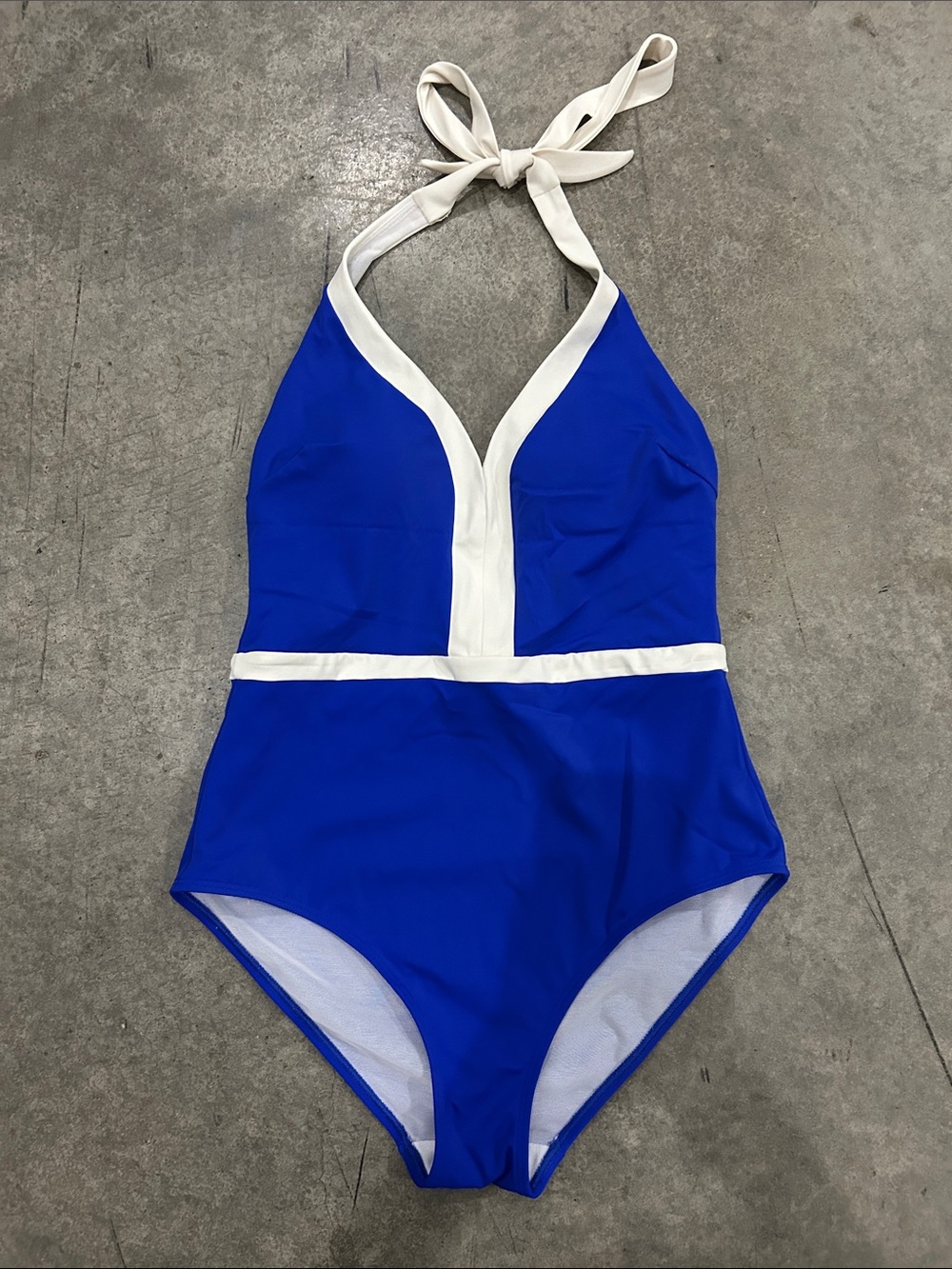 Boden Blue Halter One-Piece Swimsuit with White Trim